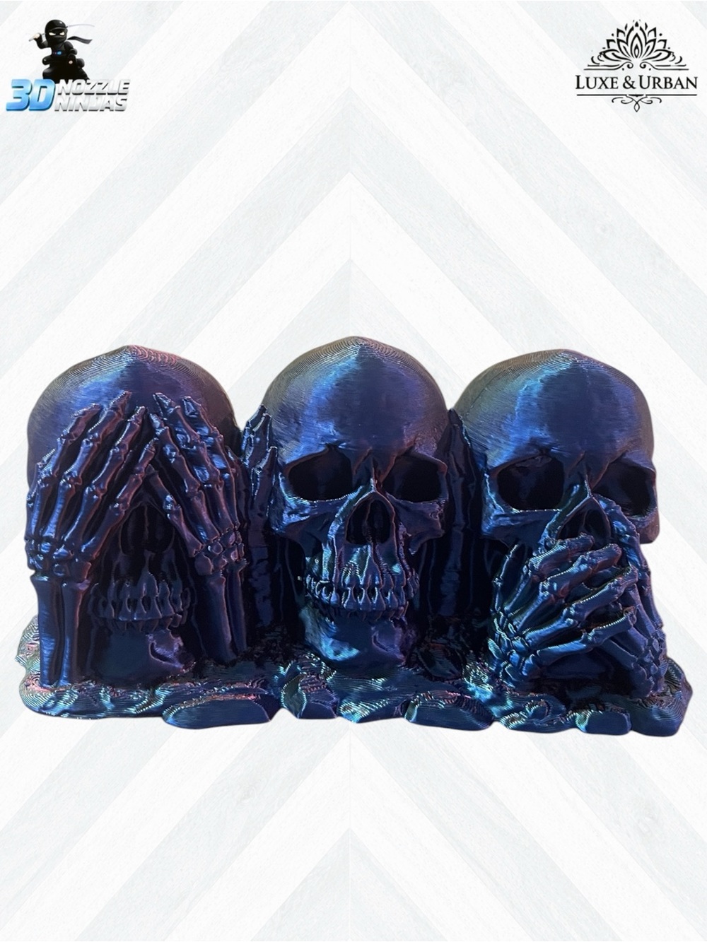 ๐ชท3d See No Evil, Hear No Evil, Speak No EvilโSkull Sculpture- Blue/Green/Purple
